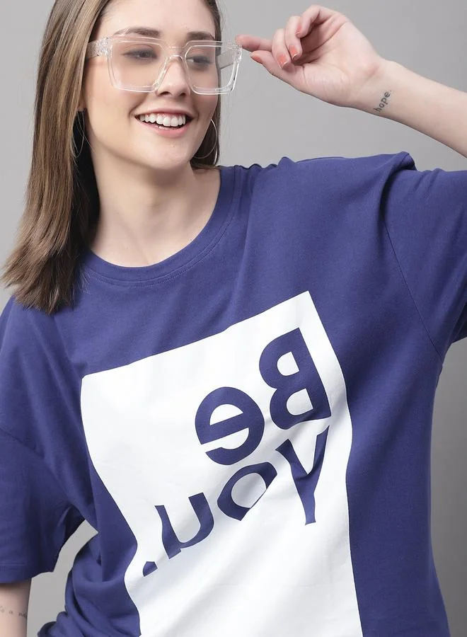 Styli Women Navy Blue Oversized Graphic Print T-Shirt By Door74