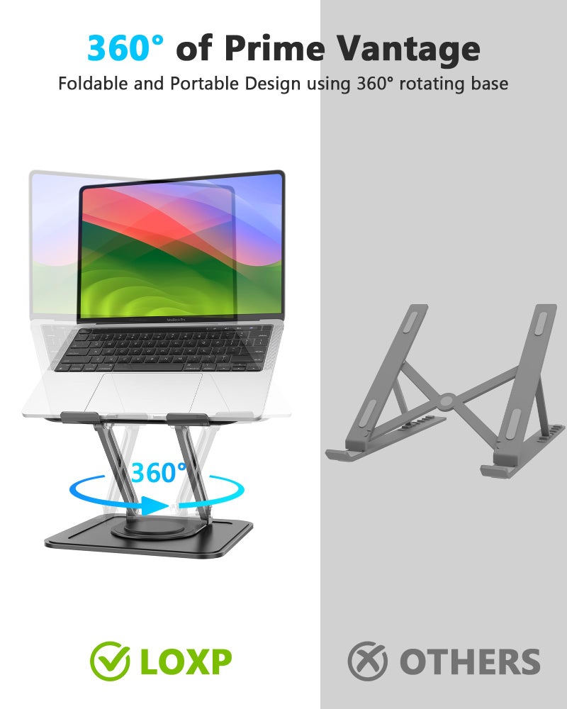 LOXP Adjustable Laptop Stand, Computer Stand with 360 Rotating Base, Ergonomic Laptop Riser Mount for Desk Foldable Protable Computer Desk Fits with MacBook Pro Air (10-16") - Black - Image 2