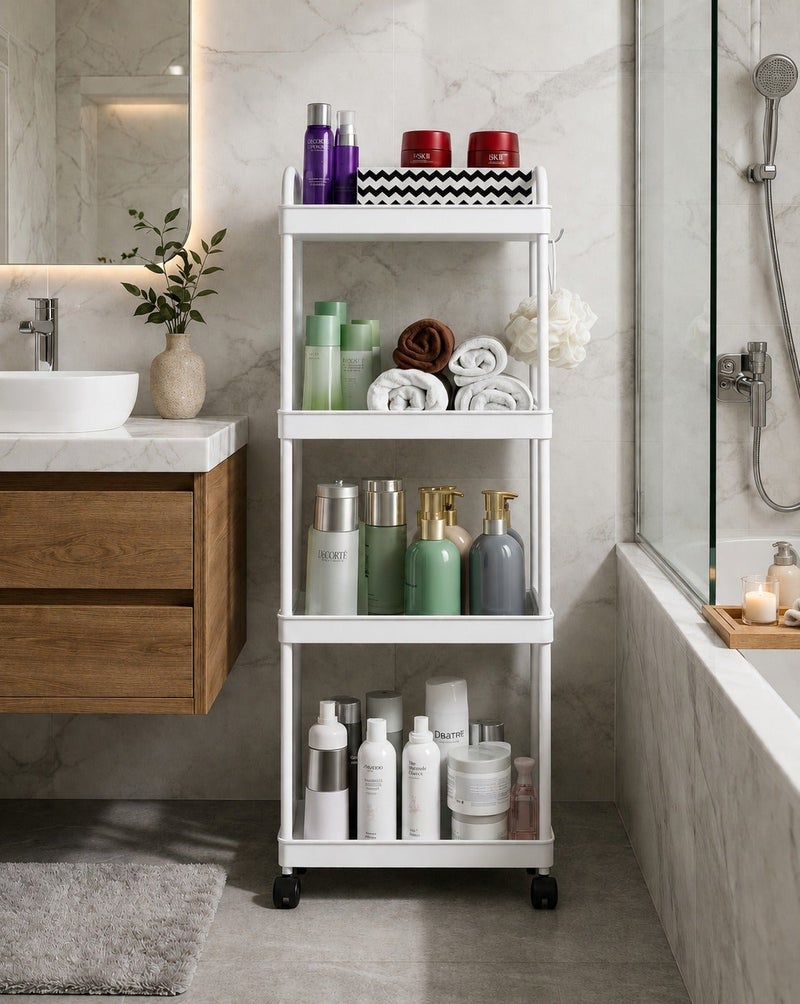 O2. Turbo Organizer 4 Tier Shelves for Kitchen and Bathroom, Plastic White,Tower Vertical Shel - Image 3