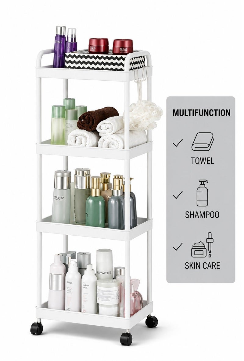 O2. Turbo Organizer 4 Tier Shelves for Kitchen and Bathroom, Plastic White,Tower Vertical Shel - Image 4