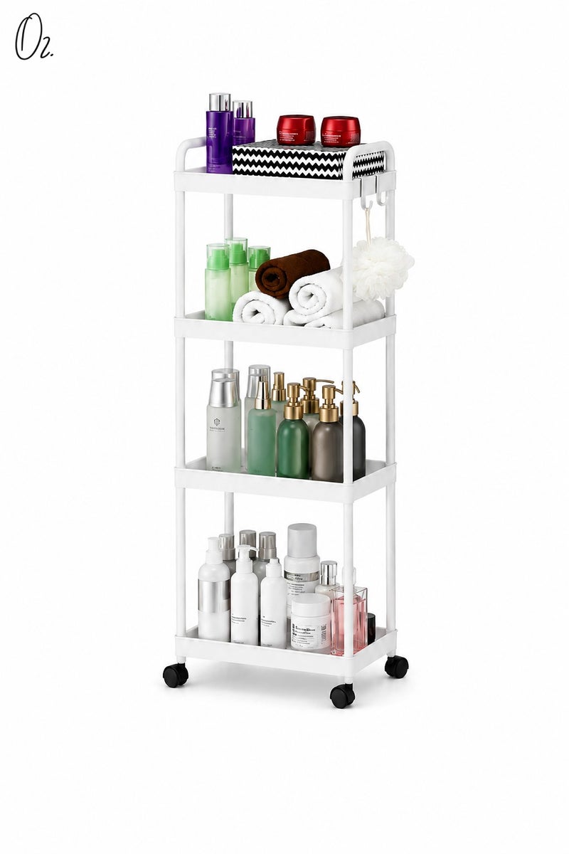 O2. Turbo Organizer 4 Tier Shelves for Kitchen and Bathroom, Plastic White,Tower Vertical Shel - Image 1