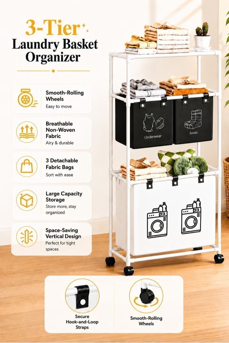 O2. 3-Tier Laundry Basket Organizer with 3 Detachable Fabric Bags and Wheels, Space-Saving Clothes Sorter Rack with Top Storage Shelf, 2 Upper Sorting Bins and Large Bottom Laundry Basket for Bathroom, Bedroom, Dorm and Laundry Room - Image 1