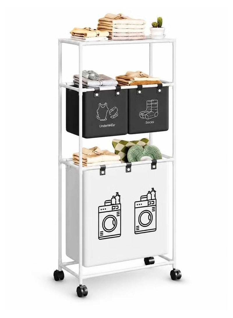 O2. 3-Tier Laundry Basket Organizer with 3 Detachable Fabric Bags and Wheels, Space-Saving Clothes Sorter Rack with Top Storage Shelf, 2 Upper Sorting Bins and Large Bottom Laundry Basket for Bathroom, Bedroom, Dorm and Laundry Room - Image 2