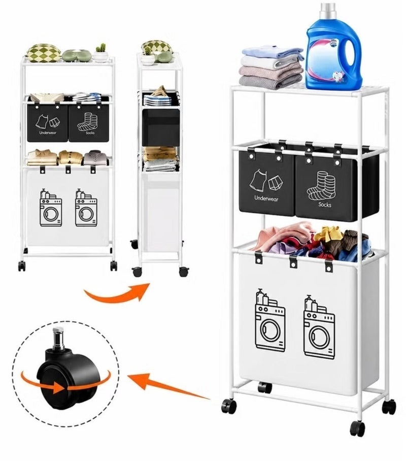 O2. 3-Tier Laundry Basket Organizer with 3 Detachable Fabric Bags and Wheels, Space-Saving Clothes Sorter Rack with Top Storage Shelf, 2 Upper Sorting Bins and Large Bottom Laundry Basket for Bathroom, Bedroom, Dorm and Laundry Room - Image 5