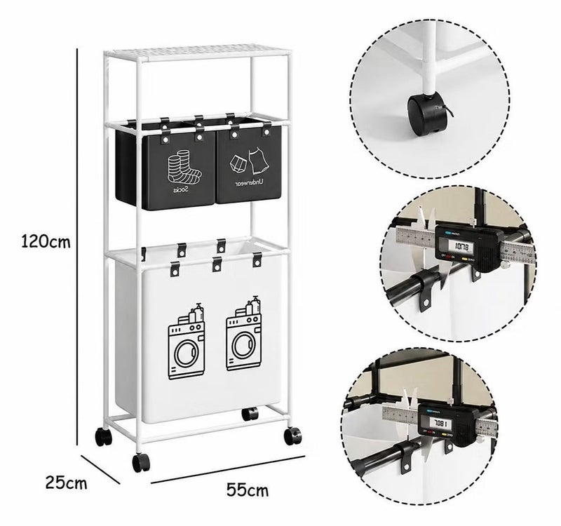 O2. 3-Tier Laundry Basket Organizer with 3 Detachable Fabric Bags and Wheels, Space-Saving Clothes Sorter Rack with Top Storage Shelf, 2 Upper Sorting Bins and Large Bottom Laundry Basket for Bathroom, Bedroom, Dorm and Laundry Room - Image 4
