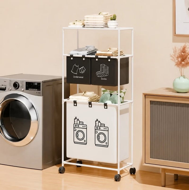 O2. 3-Tier Laundry Basket Organizer with 3 Detachable Fabric Bags and Wheels, Space-Saving Clothes Sorter Rack with Top Storage Shelf, 2 Upper Sorting Bins and Large Bottom Laundry Basket for Bathroom, Bedroom, Dorm and Laundry Room - Image 3