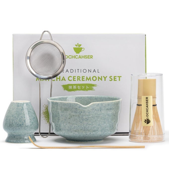MATCHA KIT SET MATCHA WHISK SET INCLUDES MATCHA BOWL AND HOLDER BAMBOO MATCHA WHISK SCOOP AND MATCHA SIFTER 17 OZ MOTTLED BLUE GLAZE CERAMIC MATCHA KIT FOR TEA LOVERS