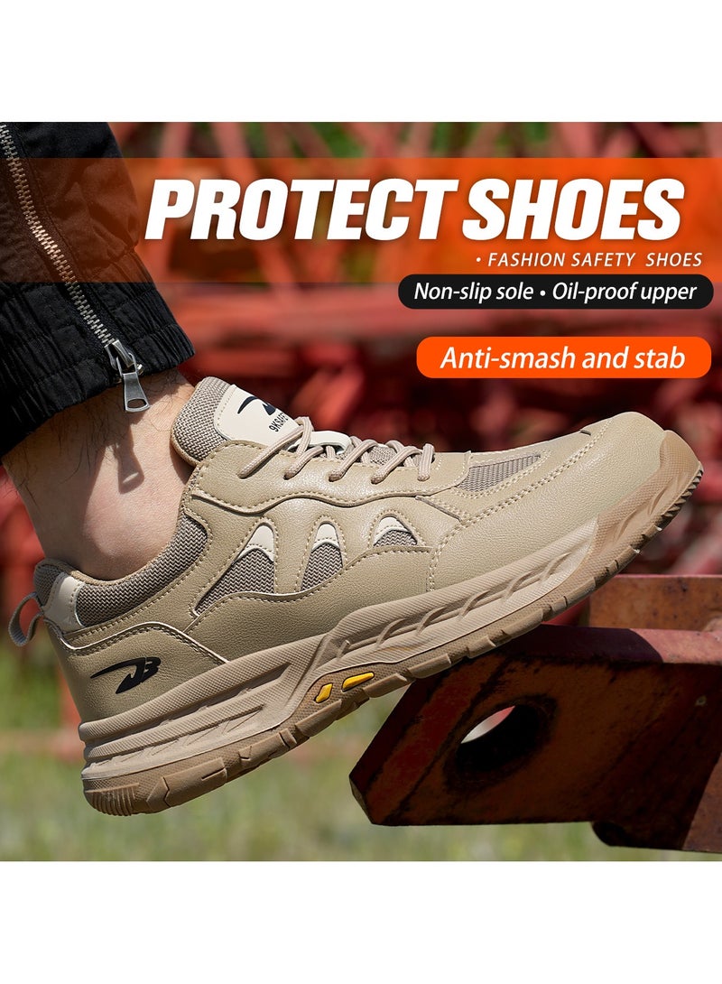Breathable labor protection shoes, anti-smash and anti-puncture steel toe safety shoes, comfortable and wear-resistant work shoes, lightweight adventure sports shoes khaki - Image 3
