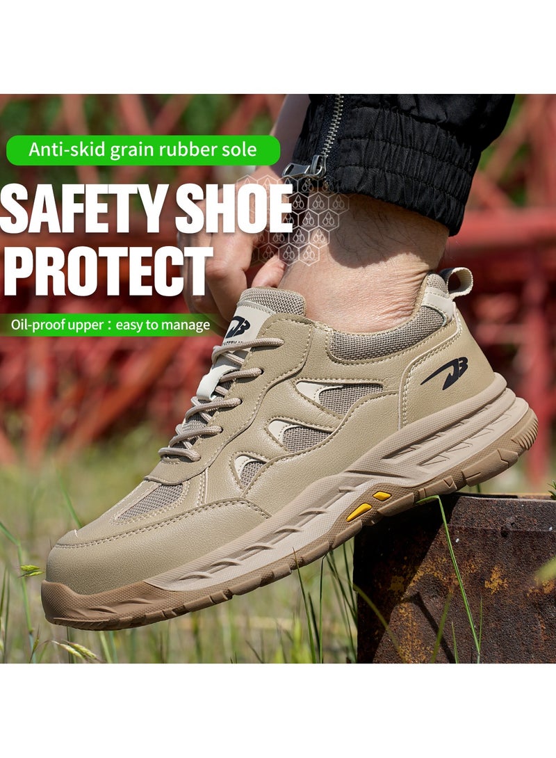 Breathable labor protection shoes, anti-smash and anti-puncture steel toe safety shoes, comfortable and wear-resistant work shoes, lightweight adventure sports shoes khaki - Image 1