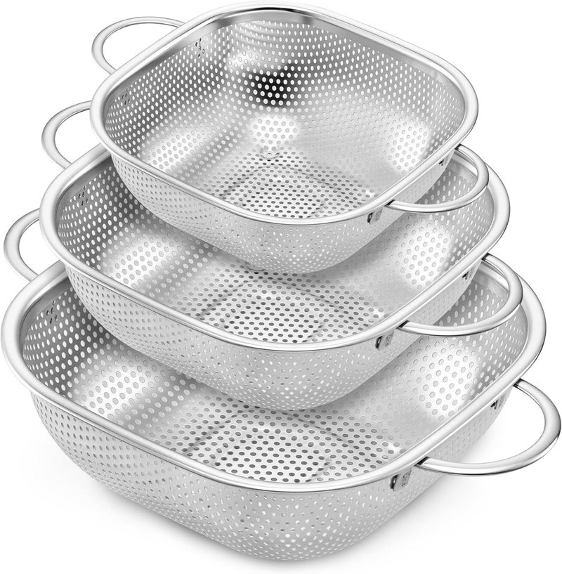 E-far 3 Pack Colander for Kitchen, Square Stainless Steel Metal Strainer Colander with Handle for Draining Food Pasta Vegetable, Micro-Perforated & Elevated Feet, Dishwasher Safe(2.4/4/6QT) - Image 1