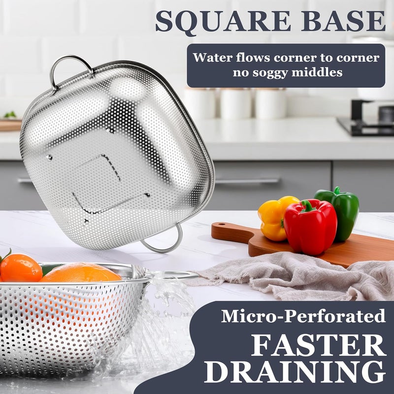 E-far 3 Pack Colander for Kitchen, Square Stainless Steel Metal Strainer Colander with Handle for Draining Food Pasta Vegetable, Micro-Perforated & Elevated Feet, Dishwasher Safe(2.4/4/6QT) - Image 3