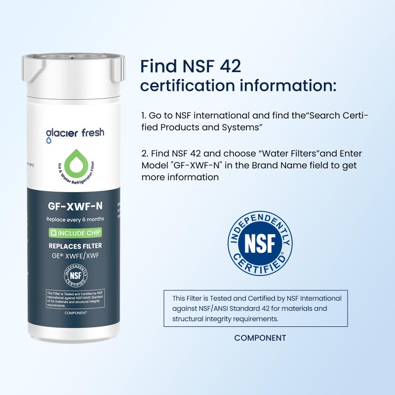 GLACIER FRESH فلتر مياه GLACIER FRESH متوافق مع XWFE (شريحة مدمجة)، بديل لـ GE XWFE، فلتر مياه ثلاجة XWF شهادة NSF/ANSI 42 عبوة من 1 - Image 5