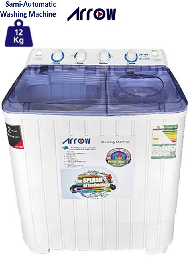 Arrow Twin Tub 12KG Semi-Automatic Washing Machine, 7 KG Spin Capacity, 480W Washing Power, 15-Minute Washer Timer, White Color | RO-12TTB - Image 1