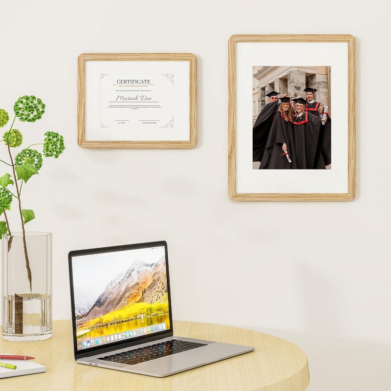 FLYJOE 8.5 by 11 Picture Frame - Solid Oak Wood 8.5x11 Fram, 8 1/2 x 11 Diploma Frame With Mat For 6x8, Tabletop and Wall Display, Hanging Hardware Included, Certificate Document Frame, Natural Oak - Image 2