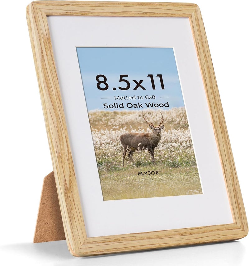 FLYJOE 8.5 by 11 Picture Frame - Solid Oak Wood 8.5x11 Fram, 8 1/2 x 11 Diploma Frame With Mat For 6x8, Tabletop and Wall Display, Hanging Hardware Included, Certificate Document Frame, Natural Oak - Image 1