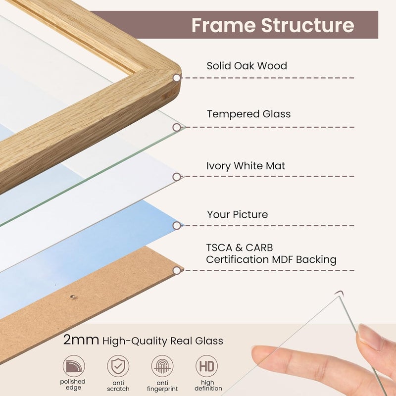 FLYJOE 8.5 by 11 Picture Frame - Solid Oak Wood 8.5x11 Fram, 8 1/2 x 11 Diploma Frame With Mat For 6x8, Tabletop and Wall Display, Hanging Hardware Included, Certificate Document Frame, Natural Oak - Image 5