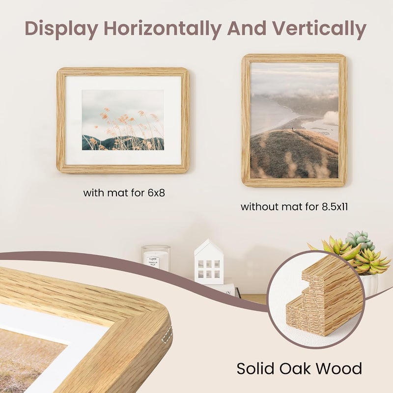 FLYJOE 8.5 by 11 Picture Frame - Solid Oak Wood 8.5x11 Fram, 8 1/2 x 11 Diploma Frame With Mat For 6x8, Tabletop and Wall Display, Hanging Hardware Included, Certificate Document Frame, Natural Oak - Image 4