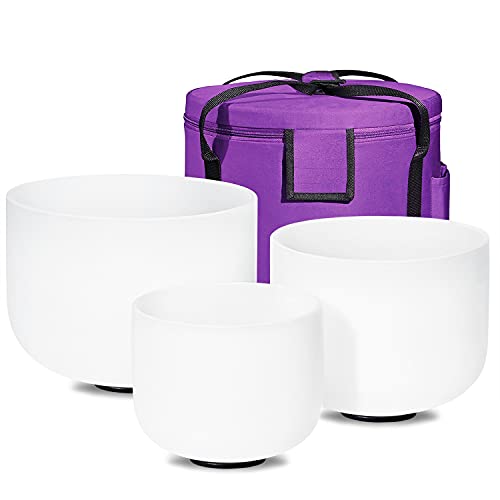 CVNC 432HZ Sound Healing 8''-12'' Set of 3 Crystal Singing Bowls, Frosted Chakra Quartz Crystal Sound Bowl Set 8'' B Crown, 10'' E Solar Plexus, 12'' C Root with Carry Bags - Image 1