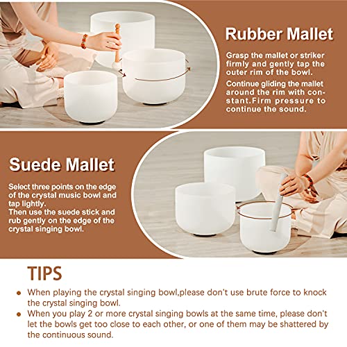 CVNC 432HZ Sound Healing 8''-12'' Set of 3 Crystal Singing Bowls, Frosted Chakra Quartz Crystal Sound Bowl Set 8'' B Crown, 10'' E Solar Plexus, 12'' C Root with Carry Bags - Image 5