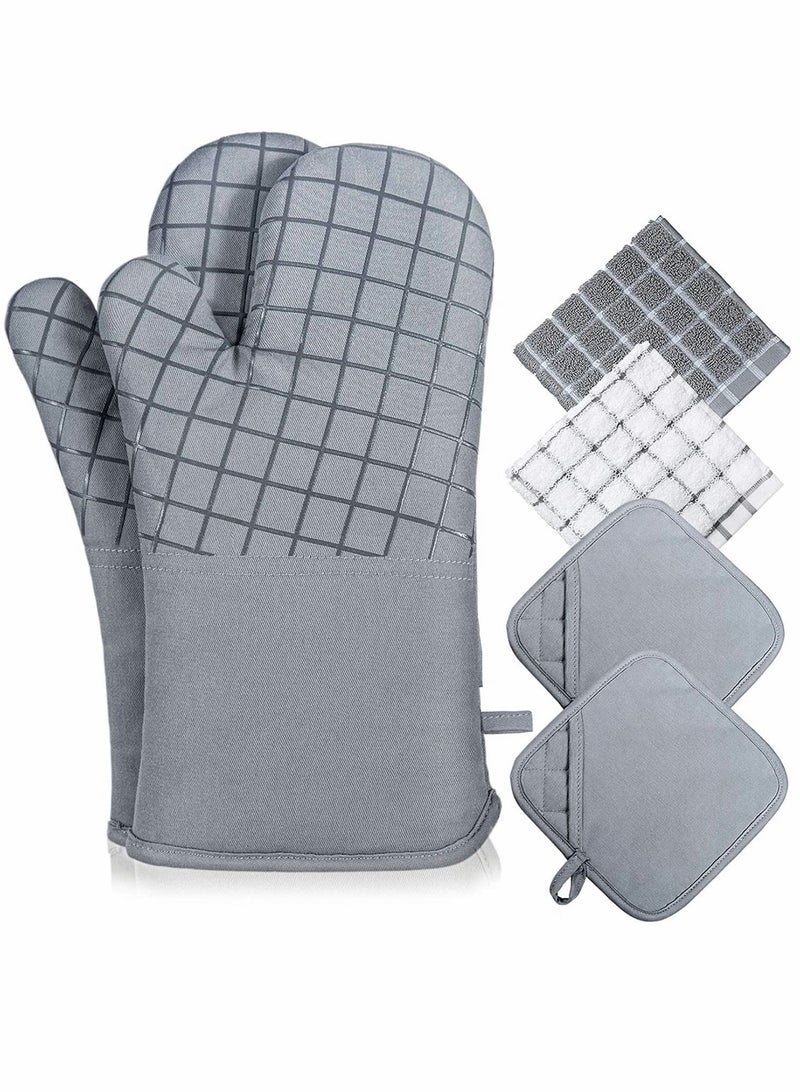 Y&D Oven Mitts and Pot Holders Sets, 550°F High Heat Resistant with Kitchen Towels Thick Cotton Gloves Non-Slip Silicone for Cooking Baking (6Pcs, Grey)  - Image 1