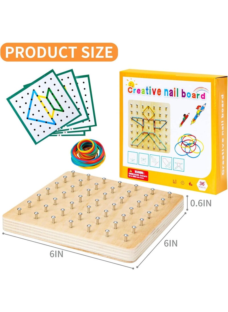 Wooden Geoboard,Montessori Toy,Graphical Mathematical Education Toy for Kids with Pattern Cards and Rubber Bands to Figures and Shapes, Brain Teaser STEM Toy Geo Board (6 * 6 * 0.6 in) - Image 1