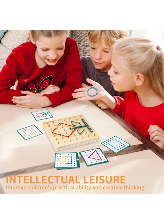 Wooden Geoboard,Montessori Toy,Graphical Mathematical Education Toy for Kids with Pattern Cards and Rubber Bands to Figures and Shapes, Brain Teaser STEM Toy Geo Board (6 * 6 * 0.6 in) - Image 2