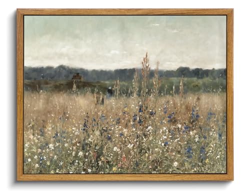 KISSFOX Framed Wall Art Vintage Wall Decor Meadow Flowers Canvas Art Landscape Pictures Floral Paintings Cottage Artwork Farmhouse Prints For Bedroom Living Room Kitchen - Image 1
