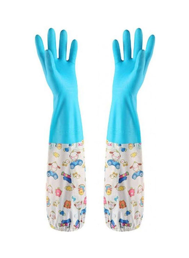 Housework Cleaning Latex Rubber Gloves Bundle Cuff Winter Velvet Lining Dishwashing Long Waterproof Insulated Kitchen (Blue Cartoon) Multicolour - Image 1