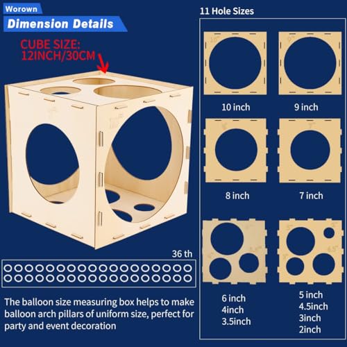 Worown 11 Holes Collapsible Wood Balloon Sizer Box Cube, Balloons Size Measurement Tool Wooden for Party Decorations (2-10 Inch) - Image 2