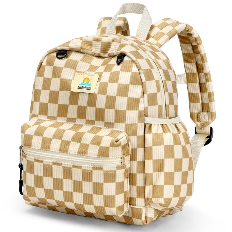 STEAMEDBUN Corduroy Toddler Backpack for Girls 2-4: Kids backpack for Boys Girls - 12 inch Preschool Kindergarten Backpacks - Checkered - Image 1