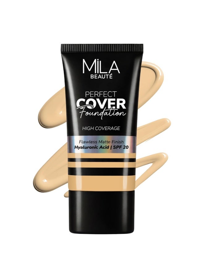 ميلا بيوتي كريم الأساس "بيرفكت كوفر" (Perfect Cover) من ميلا بوتيه (Mila Beauté) مع حمض الهيالورونيك وعامل حماية من الشمس (SPF 20) | تغطية عالية ولمسة نهائية مطفية مثالية | تركيبة فائقة الترطيب وخفيفة الوزن | مناسب لجميع أنواع البشرة - درجة 4 (محايدة) | 30 مل - Image 1