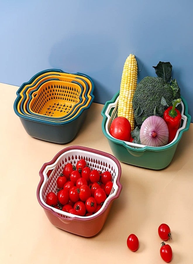 Naidev Drain Basket Set for Vegetable & Fruit, Double-Layer Colanders, Stackable, Green+White, PP Material, 6 Pieces. - Image 3
