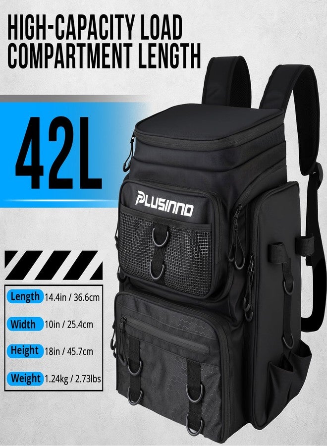 PLUSINNO حقيبة ظهر لصيد الأسماك من PLUSINNO مع حامل صنارة، حقيبة ظهر مقاومة للماء سعة 42 لترًا لمعدات صيد الأسماك، حقيبة أدوات صيد للرجال - Image 4