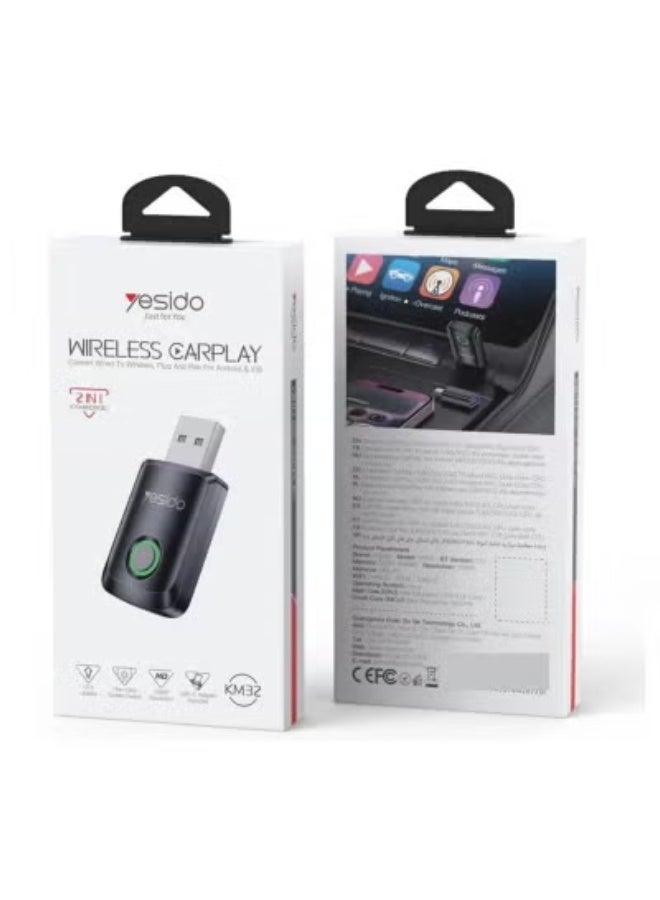 Yesido KM32 2-in-1 Wireless CarPlay Adapter for iOS & Android, Plug & Play, Bluetooth 5.0, 1080P HD Support - Image 3