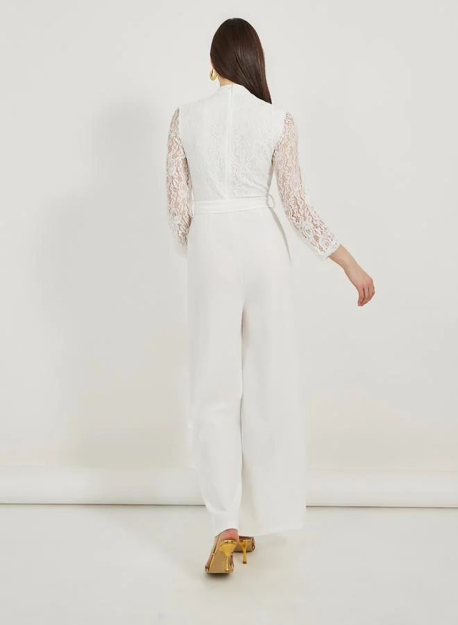 Styli Texture Lace Insert Wide Leg Jumpsuit with Waist Tie Detail