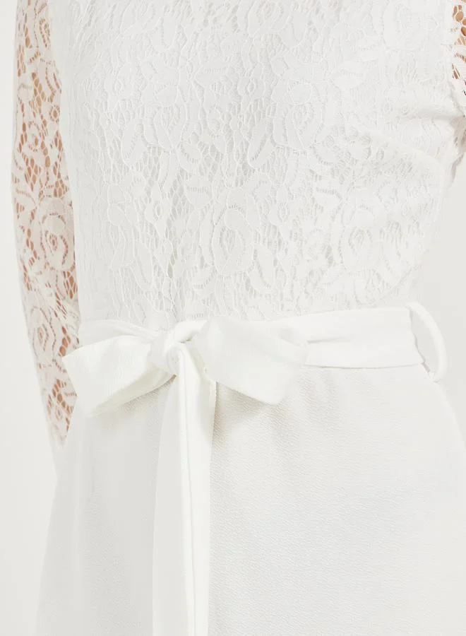 Styli Texture Lace Insert Wide Leg Jumpsuit with Waist Tie Detail