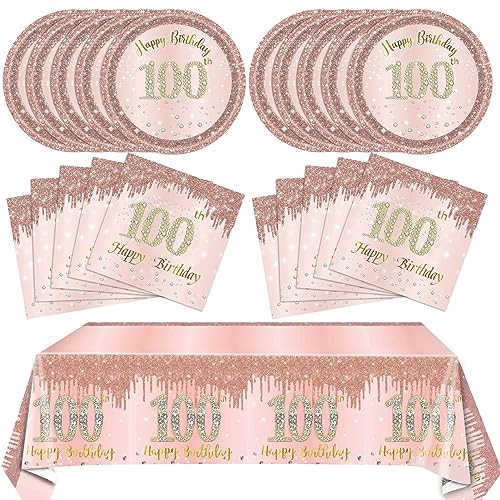 SNIMICS 41PCS 100th Birthday Decorations Rose Gold 100th Party Disposable Tableware Set Include 100 Year Old Birthday Plates and Napkins Plastic Tablecloth For 100 Year Old Gifts Women - Image 1