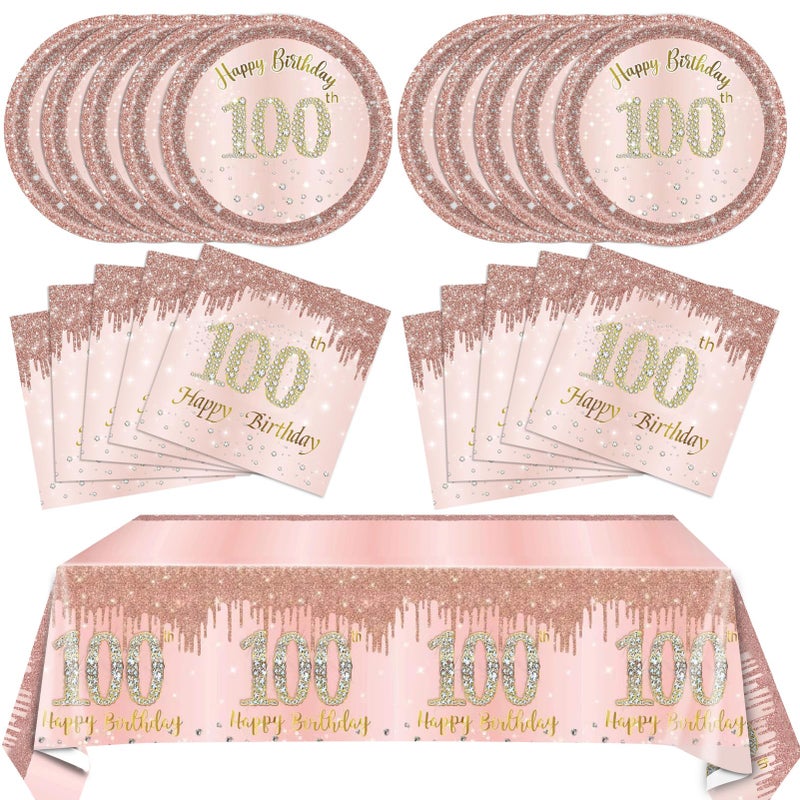 SNIMICS 41PCS 100th Birthday Decorations Rose Gold 100th Party Disposable Tableware Set Include 100 Year Old Birthday Plates and Napkins Plastic Tablecloth For 100 Year Old Gifts Women - Image 2