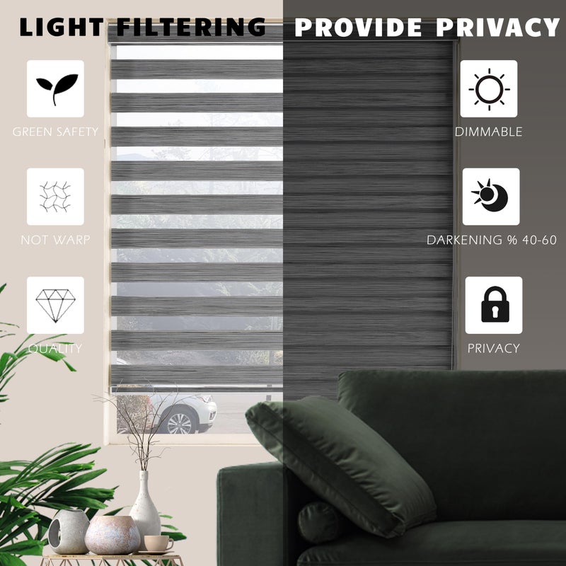 JIANGPIN TEXTILE Custom Cut to Size Zebra Blinds for Windows Free-Stop Sheer Shades Dual Layer Roller Light Filtering Light Control Blinds for Indoor Windows Privacy(19" W X 72" H, Grey) - Image 3
