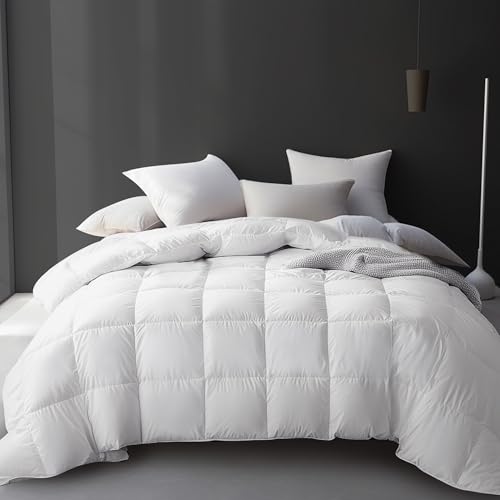 Hotel Grand Luxury White Goose Feather Down Fiber Comforter Full Queen Size, 100% Cotton All Season Duvet Insert Queen, Medium Warmth Bedding Comforter with 8 Corner Loops, White 90x90 Inch - Image 1