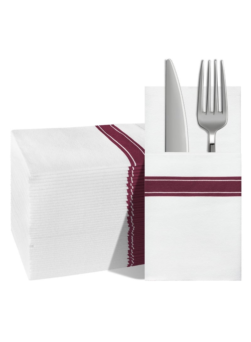 مناديل قماشية بيضاء مستطيلة الشكل بحدود أرجوانية داكنة، 25 قطعة مناديل ورقية فاخرة، مناديل عشاء يمكن التخلص منها، مناديل حفلات الزينة لحفلات الزفاف، حفلات العشاء، الحفلات والمناسبات الراقية - Image 1