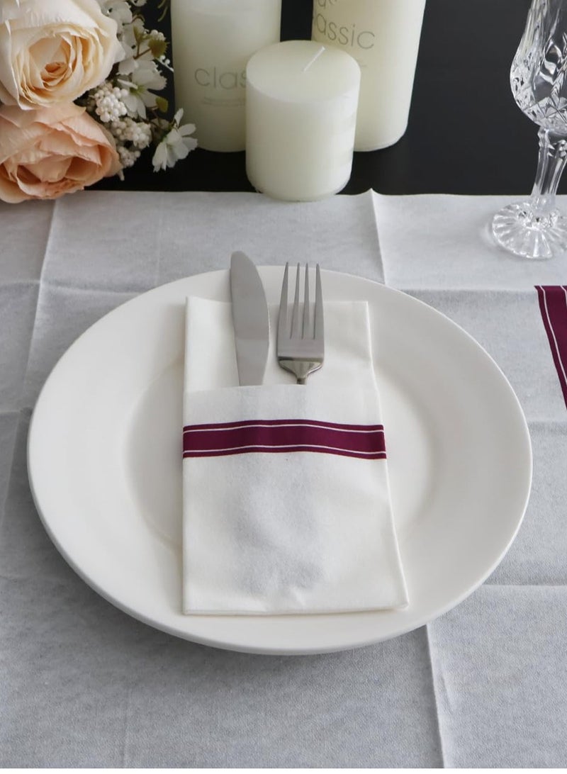 مناديل قماشية بيضاء مستطيلة الشكل بحدود أرجوانية داكنة، 25 قطعة مناديل ورقية فاخرة، مناديل عشاء يمكن التخلص منها، مناديل حفلات الزينة لحفلات الزفاف، حفلات العشاء، الحفلات والمناسبات الراقية - Image 3