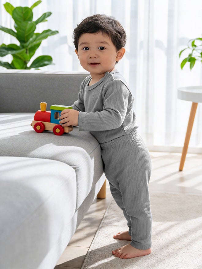 Babies Basic Premium Ribbed Cotton Long Sleeves Top and Bottom Set - Image 2