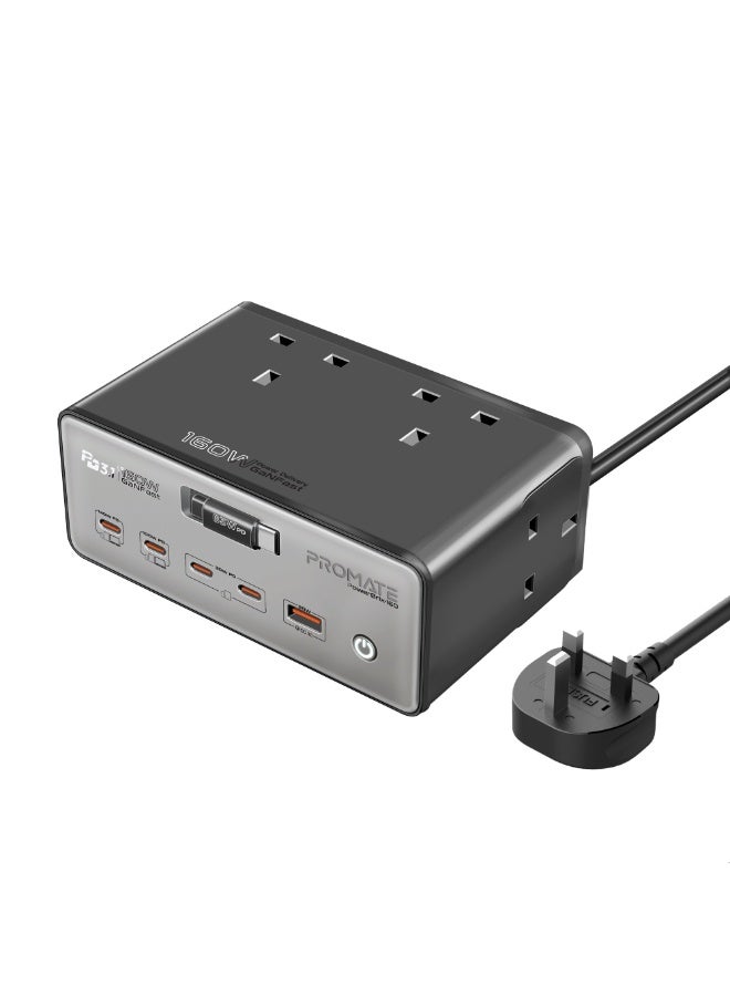 PROMATE Promate 60W GaN Charging Station with Dual 30W USB-C PD, 140W USB-C, 100W Type-C, Quad AC Outlets, 65W Retractable Cable, USB-A QC, 3 Mater Cord  - Image 1