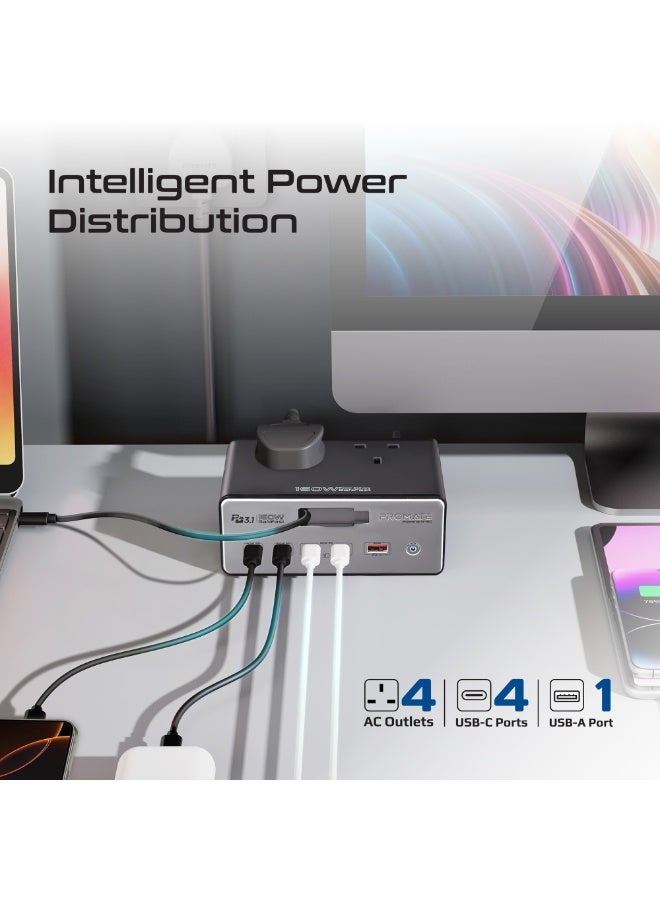PROMATE Promate 60W GaN Charging Station with Dual 30W USB-C PD, 140W USB-C, 100W Type-C, Quad AC Outlets, 65W Retractable Cable, USB-A QC, 3 Mater Cord  - Image 5