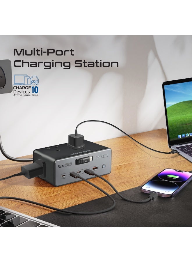 PROMATE Promate 60W GaN Charging Station with Dual 30W USB-C PD, 140W USB-C, 100W Type-C, Quad AC Outlets, 65W Retractable Cable, USB-A QC, 3 Mater Cord  - Image 2