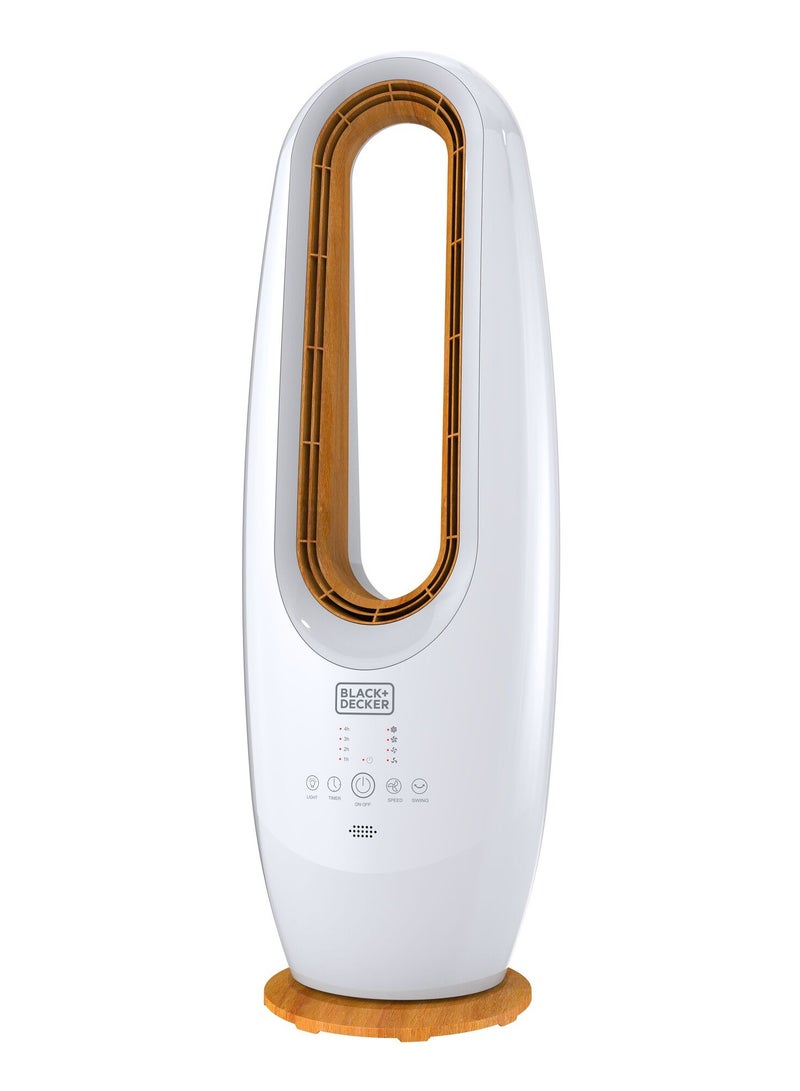 BLACK+DECKER 2-in-1 Bladeless Fan With 85cm Height, Cool-White LED Lamp, Remote Control, 60° Wide Oscillation, 70W Motor, Low Noise, 40m² Area Coverage, Wooden Trim FBL85-B5 White - Image 1
