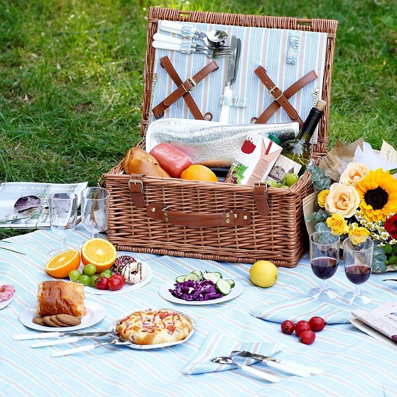 HappyPicnic Wicker Picnic Basket Set for 4 Persons | Large Willow Hamper with Large Insulated Cooler Compartment, Waterproof Blanket and Cutlery Service Kit-Classical Brown - Image 4
