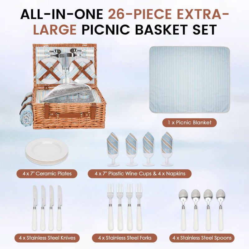 HappyPicnic Wicker Picnic Basket Set for 4 Persons | Large Willow Hamper with Large Insulated Cooler Compartment, Waterproof Blanket and Cutlery Service Kit-Classical Brown - Image 3