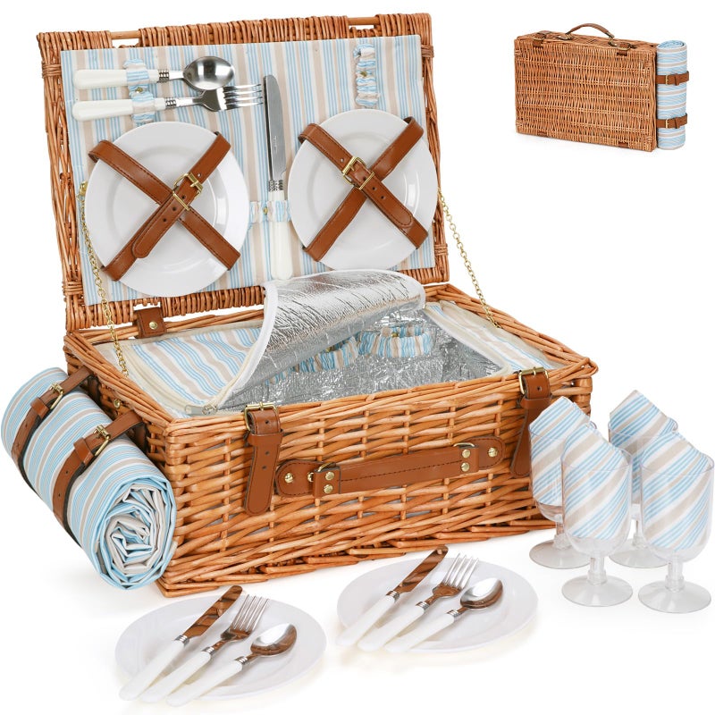 HappyPicnic Wicker Picnic Basket Set for 4 Persons | Large Willow Hamper with Large Insulated Cooler Compartment, Waterproof Blanket and Cutlery Service Kit-Classical Brown - Image 1